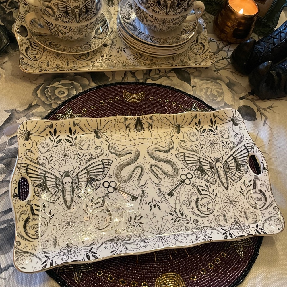 MONTEREY BAY NEW Fine Porcelain Gothic Serving Platter With Moth Skull Design